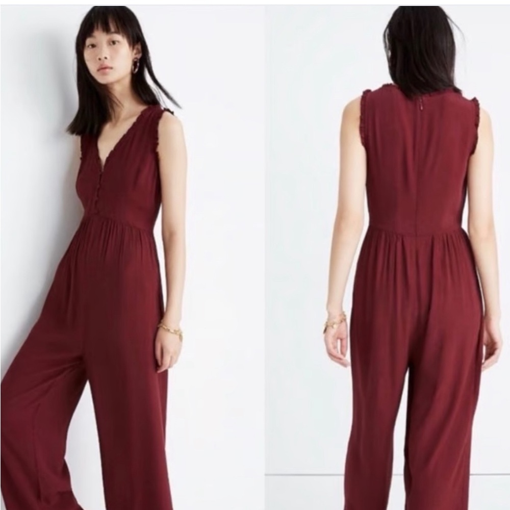 Madewell Burgundy Button Front Jumpsuit with Ruffle Top Size 10